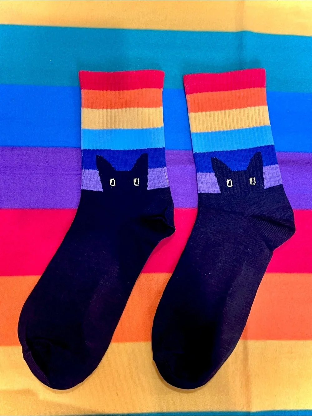 Black Cat Crew Socks with Rainbow Stripe Cuff - Halloween / Pride, OS